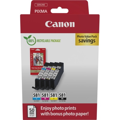 Canon Комплект 4 глави и 50 броя фотохартия за Canon Pixma TS8100/TS8200/TS9100 Series - Ink - CLI581 (CLI-581) / 2106C006 - BK/C/M/Y - Multipack - PN 2106C006 (2106C006)