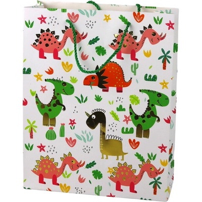 LEAN TOYS Papierová darčeková taška - Farebné dinosaury 32 cm x 26 cm x 10 cm