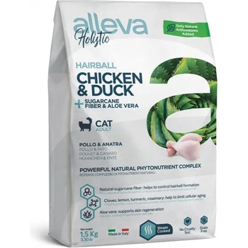 Diusapet Alleva® holistic (adult cat) chicken & duck + sugarcane fiber & aloe vera hairball - пълноценна храна за пораснали котки над една година с предразположеност към образуване на космени топки, както и за дългокосмести котки, Италия - 10 кг 1714