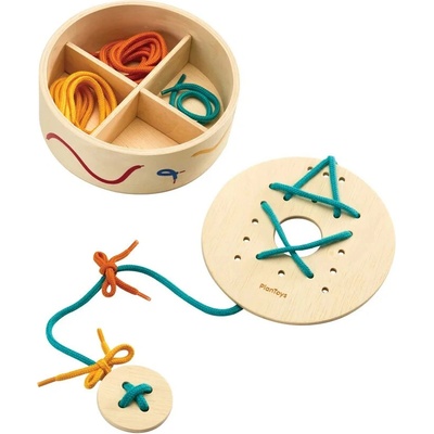 PlanToys - prevliekacie doštičky so šnúrkami, v úložnom boxe
