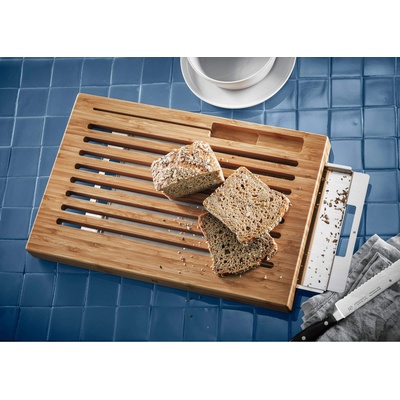 WMF bread cutting board with crumb catcher, cutting board with drip tray 44 x 27 x 4.8 cm, wooden cutting board with crumb tray, bamboo, grid shape, gentle on blades - 1892014500