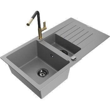 Mexen Matias мивка от гранит 1, 5-камерна с капак и кухненски кран Flora, сив - 6502-71-670401-57-B (6502-71-670401-57-B)