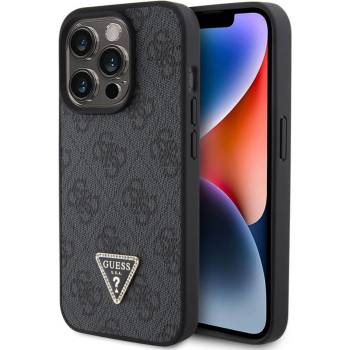 GUESS Strass Triangle Metal Logo Case - силиконов (TPU) калъф за iPhone 15 Pro (черен)