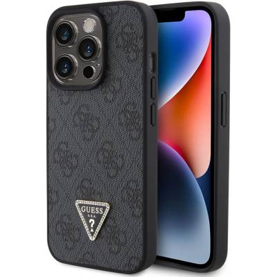 GUESS Strass Triangle Metal Logo Case - силиконов (TPU) калъф за iPhone 15 Pro (черен)