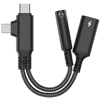 адаптер за аудио и зареждане 2в1 - 3, 5 мм жак / USB-C към USB-C / Lightning - черен (83033)