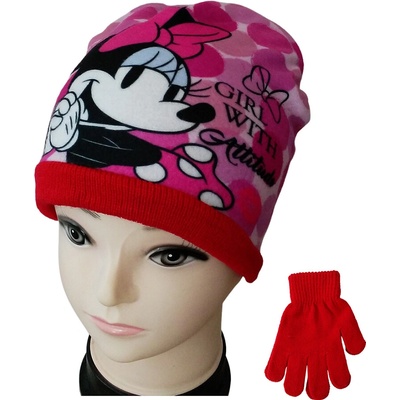 E PLUS M Dětský set MINNIE HS4050 čepice + rukavice/červený lem