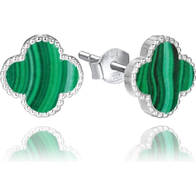 MINET 1498 Stříbrné náušnice čtyřlístky s malachitem