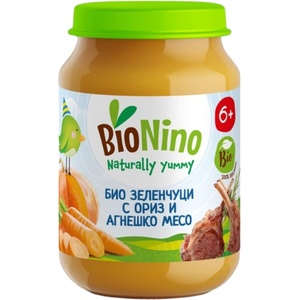 BioNino Био пюре BioNino - Зеленчуци с ориз и агнешко месо, 6 м+, 190 g (BN2355) - ozone