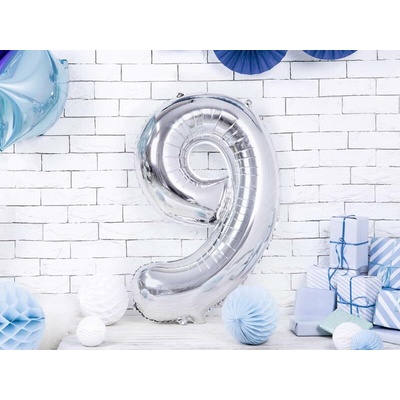 PartyDeco Fóliový balón číslo 9 strieborný 86 cm