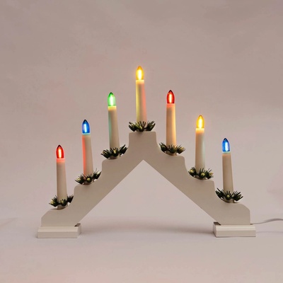 KONSTSMIDE Adventní svícen dřevěný bílý "HARLEKÝN", 7x34V/0,2W LED Filament mix barev