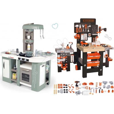 Smoby Set kuchynka elektronická s bublaním Tefal Studio Kitchen XL Bubble 360° a pracovný stôl Mega Center trojkrídlový