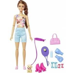 Mattel Кукла Барби с кученце, фитнес екип, боксови ръкавици, ролери и аксесоари за тенис 3 години+