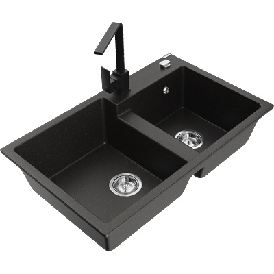 Mexen Tomas гранитна мивка с 2 камери и кухненски смесител Rita, черен/златен металик - 6516-75-670300-70 (6516-75-670300-70)