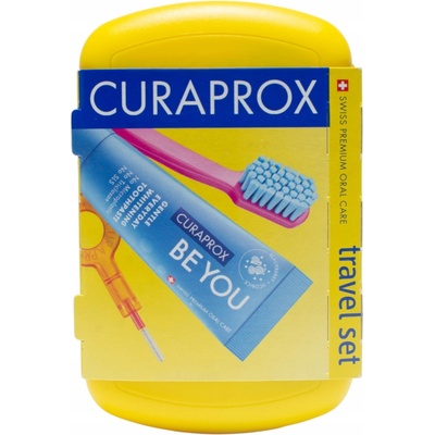 Curaprox Travel Set zubná kefka + CPS medzizubné kefky 2 ks + zubná pasta 10 ml darčeková sada, žltý
