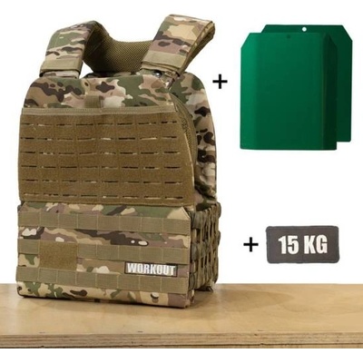 Zátěžová taktická plátová vesta 15 kg WORKOUT 3.0 - Camo + nášivka