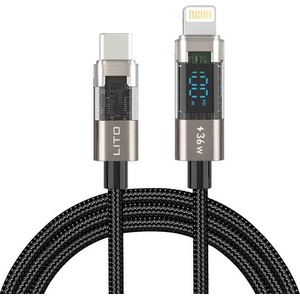 Lito - Кабел за данни (LD09CL) - Lightning към Type-C, 36W високоскоростно зареждане, LED дисплей, 1.2 м - Черен
