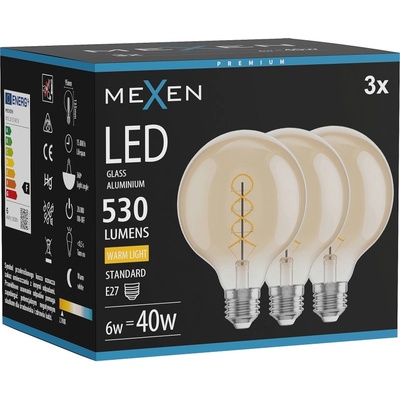 Mexen Vintis 3x LED спирална нажежаема жичка крушка E27, G95, 6W, Топла - 2700K, 530 lm, (L167-E27-0627-50x03)