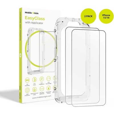 Mobile Origin 2 броя калени стъклени защитни покрития за дисплея на iPhone 16, iPhone 15 - Mobile Origin EasyGlass Full Cover Tempered Glass Pack With Applicator (черен-прозрачен) (EGA-i16-2pk)