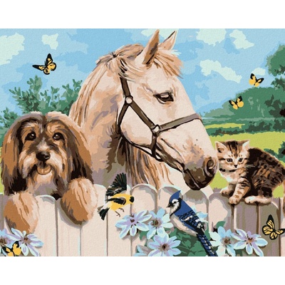 zuty Malování podle čísel Pes kočka a hlodavci na pařezu Howard Robinson 80 x 100 cm vypnuté plátno