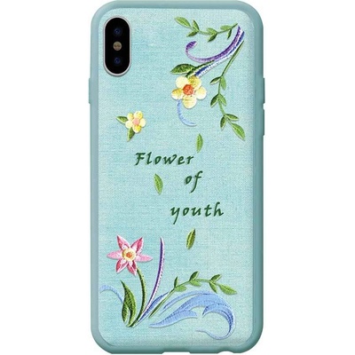DEVIA Flower Embroidery Lanzh Case - дизайнерски кожен кейс с ръчна бродерия за iPhone XS, iPhone X (зелен)