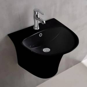 Inter Ceramic Мивка за баня ICC 4746MB, Inter Ceramic, с полуконзола, стенен монтаж, с отвор за смесител и преливник, порцелан, графитено черно, 48x46x37см (4746MB)