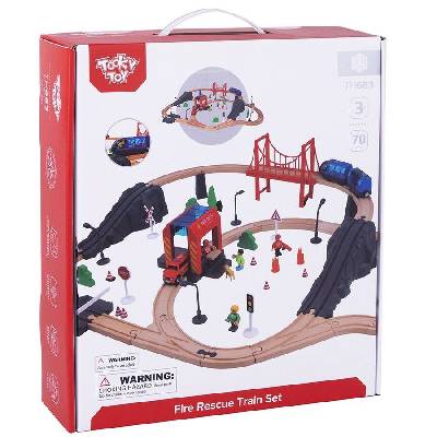 Дървено влакче с релси и спасителни коли - Tooky Toy