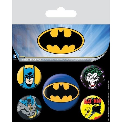 CurePink Set 5 kusů placek Batman Logo průměr 2,5 cm a 3,8 cm