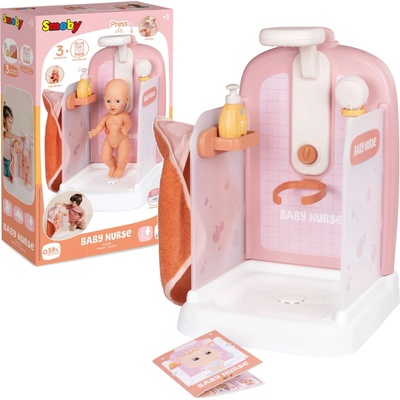 Smoby Kúpeľňa s funkčnou sprchou pre bábiky Shower Soft Baby Nurse s osuškou odnímateľnou sprchovou hlavicou a náučna brožúrka
