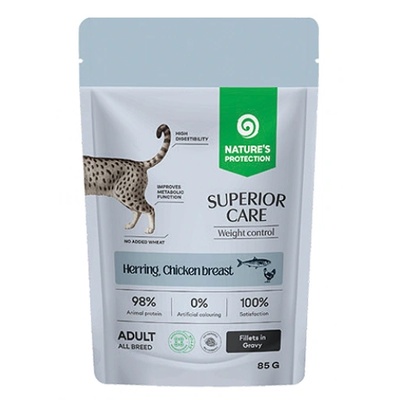 Nature's Protection Nature's Protection CAT SUPERIOR CARE Grain Free Weight Control Adult Cats with Herring and Chicken Breast, пауч с филета в сос с херинга и пилешки гърди, поддържане на оптимално телесно тегло, за пораснали котки - 85 гр, Литва 210573
