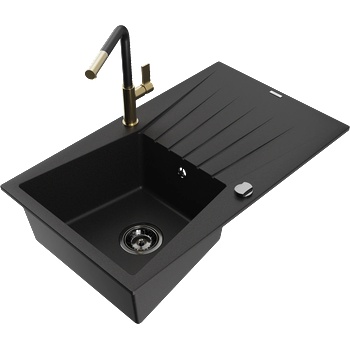 Mexen Cesar гранитна мивка с 1 камера с отцедник и кухненски смесител Flora, черен - 6514-77-670401-57-B (6514-77-670401-57-B)