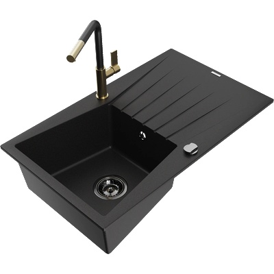 Mexen Cesar гранитна мивка с 1 камера с отцедник и кухненски смесител Flora, черен - 6514-77-670401-57-B (6514-77-670401-57-B)