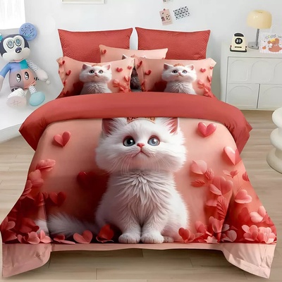 Двулицево детско спално бельо 3D, Kitty, 200 x 230 cm, 6 части, 19105, Розово/Керемида