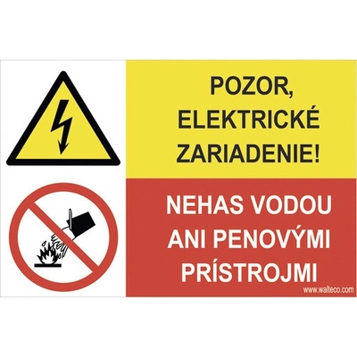 Výstražná tabuľka Pozor, elektrické zariadenie! Nehas vodou ani penovými prístrojmi 50 x 75 mm