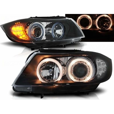 PŘEDNÍ SVĚTLOMETY BMW E90, E91, 2005-2008, ANGEL EYES, ČERNÉ BLACK, S LED BLINKREM, S MOTORKY