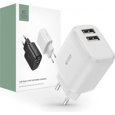 Захранване за ел. мрежа с 2xUSB-A изхода за зареждане на мобилни устройства - Tech-Protect Wall Charger 12W (бял) (THP1319)