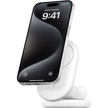 Belkin BoostCharge 2-in-1 Foldable Qi2 Magnetic Wireless Charging Stand - двойна поставка (пад) за безжично зареждане за iPhone с Magsafe и AirPods (бял)