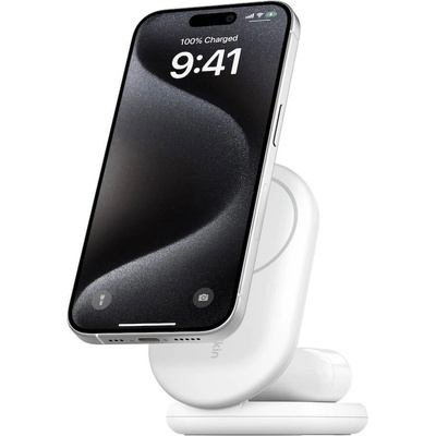 Belkin BoostCharge 2-in-1 Foldable Qi2 Magnetic Wireless Charging Stand - двойна поставка (пад) за безжично зареждане за iPhone с Magsafe и AirPods (бял)