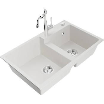 Mexen Tomas гранитна мивка с 2 отделения с кухненски смесител Carla, бял - 6516-20-670700-00 (6516-20-670700-00)