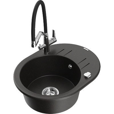 Mexen Kevin 1-камерна кухненска мивка от гранит с кухненски смесител Duo, черно/златен металик - 6517-75-671701-07 (6517-75-671701-07)