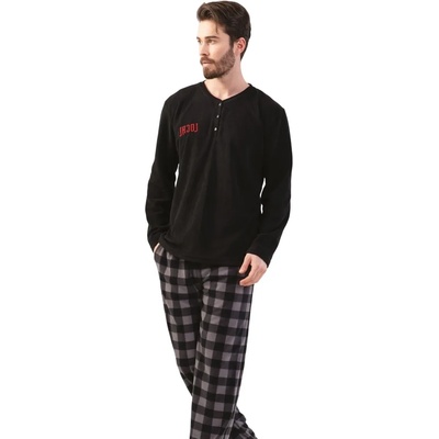 Мъжка поларена пижама в черно и каре