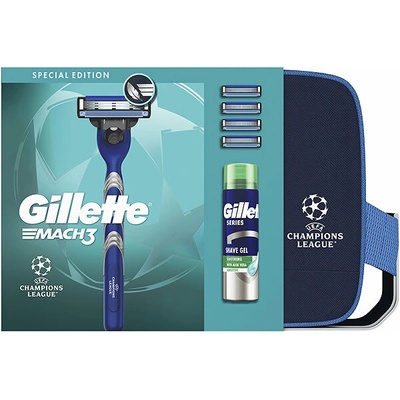 Gillette Champions League Mach3 holiaci strojček 1 ks + Gillette Mach3 náhradné žiletky 4 ks + Gillette series sensitive gél na holenie pre mužov 200 ml + kozmetická taška 1 ks