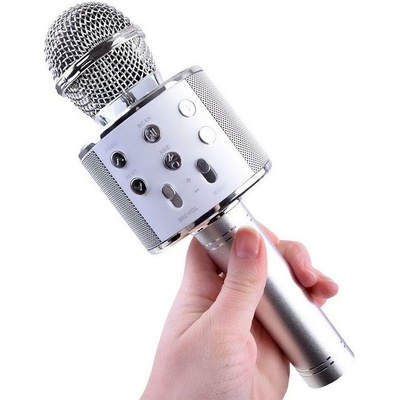 Bezdrôtový karaoke mikrofón s reproduktorom a Bluetooth strieborný
