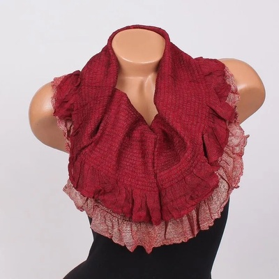 Дамски кръгъл шал в червено и бежово с къдри