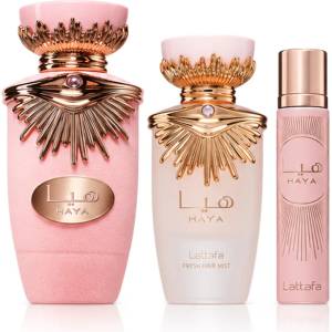 LATTAFA Haya комплект за жени Eau de Parfum 100 ml + Парфюмна вода миниатюра 12 ml + Мъгла за коса 5