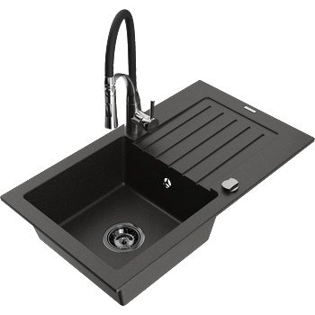 Mexen Pablo гранитна мивка с 1 корито с отцедник и кухненски смесител Aster, черно/златист металик - 6510-75-73450-07-B (6510-75-73450-07-B)