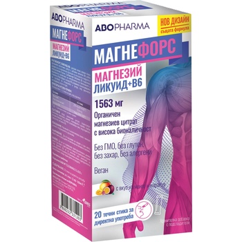 Abo Pharma Магнефорс Ликуид + В6, с вкус на манго и маракуя, 1563 mg, 20 стика, Abo Pharma