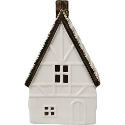 Bílý porcelánový dekorační domeček s černou střechou a komínem L – 16 cm