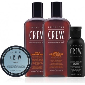 American Crew Essential Set American Crew: Ежедневно Балсам за коса За овлажняване 100 мл + Ежедневно Шампоан за коса За хидратация 100 мл + Фибри Помада за оформяне на косата За оформяне Силна фиксация 50 мл + Прецизност Успокояващ Гел за бръснене 50 мл
