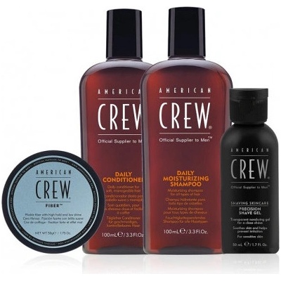 American Crew Essential Set American Crew: Ежедневно Балсам за коса За овлажняване 100 мл + Ежедневно Шампоан за коса За хидратация 100 мл + Фибри Помада за оформяне на косата За оформяне Силна фиксация 50 мл + Прецизност Успокояващ Гел за бръснене 50 мл