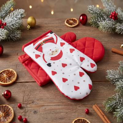 BBK Vánoční kuchyňské rukavice chňapky HAPPY XMAS bílá 18 x 30 cm